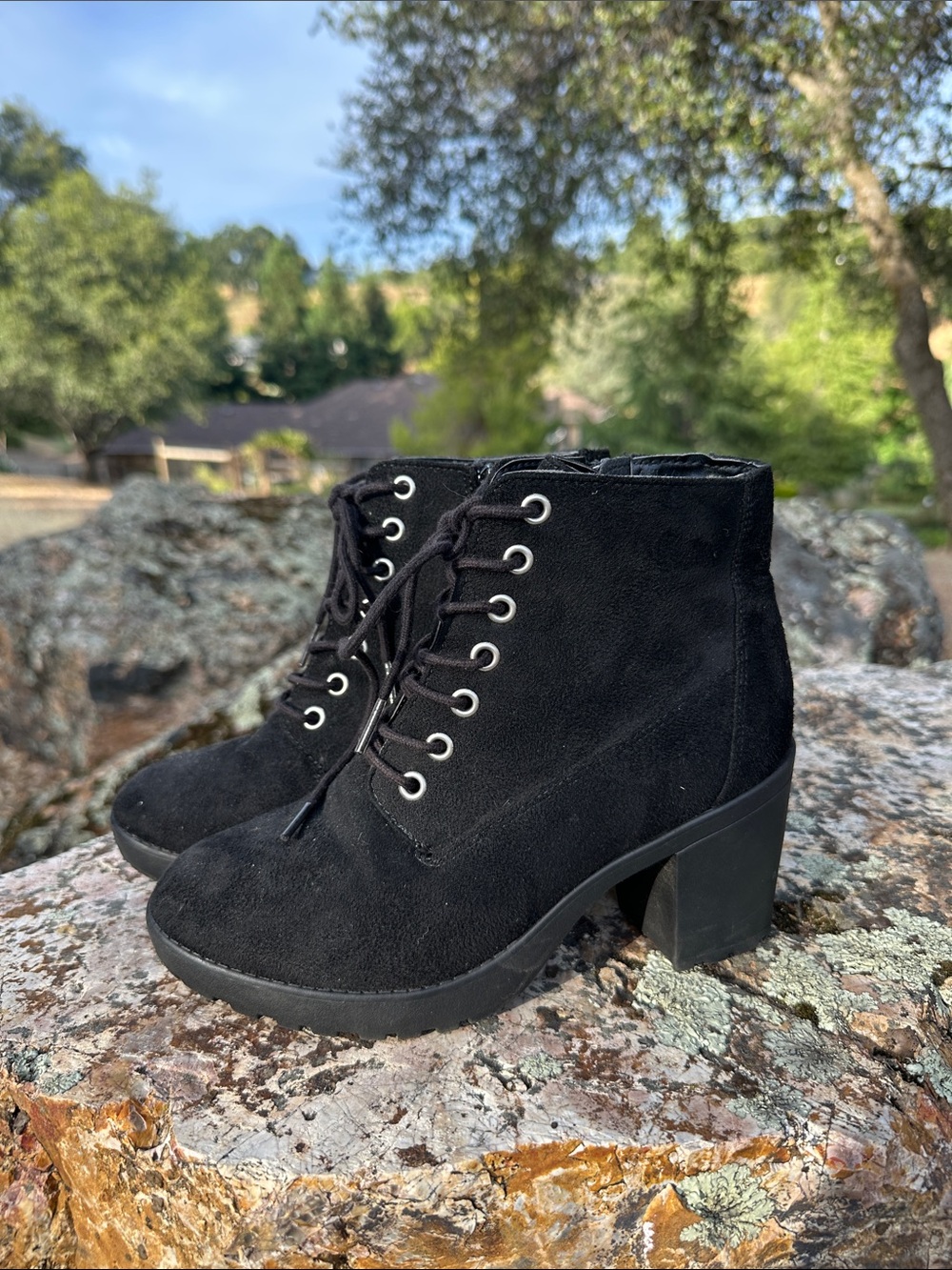 Soda Black Suede Lace-Up Block Heel Ankle Boots
